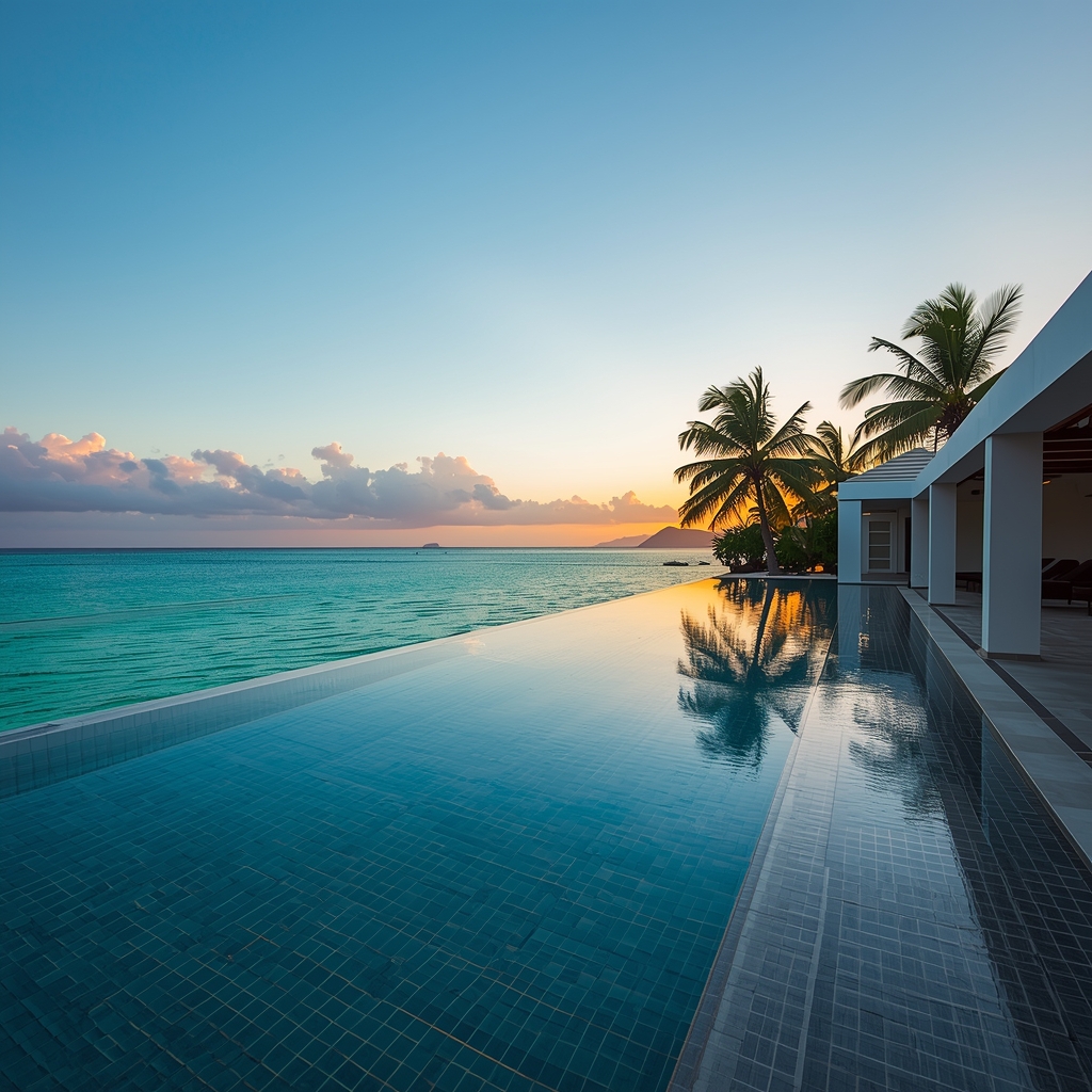 A luxurious infinity pool overlooking a turquoise ocean at sunset, palm trees in the background, modern architecture, relaxation vibe